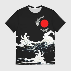 Мужская футболка 3D Волны и рыбки