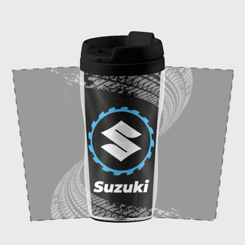 Термокружка-непроливайка Suzuki в стиле Top Gear со следами шин на фоне - фото 2