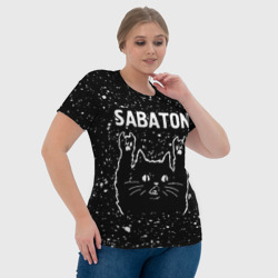 Футболка с принтом Группа Sabaton и рок кот для женщины, вид на модели спереди №4. Цвет основы: белый