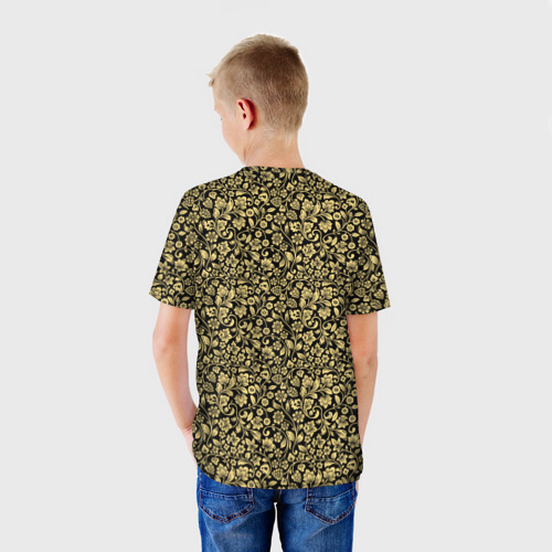 Детская футболка 3D с принтом Русская роспись - золотая кудрина, вид сзади #2
