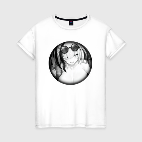 Женская футболка из хлопка с принтом Ахегао девушка с очками, вид спереди №1