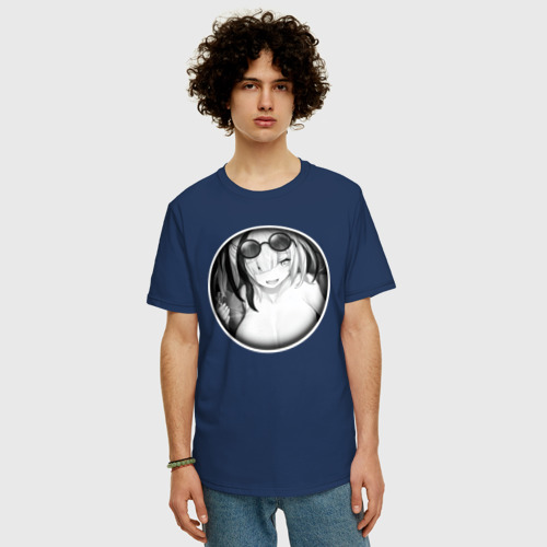 Мужская футболка хлопок Oversize с принтом Ахегао девушка с очками, фото на моделе #1