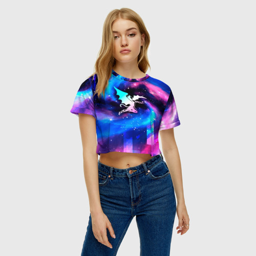 Женская футболка Crop-top 3D Black Sabbath неоновый космос, цвет 3D печать - фото 3