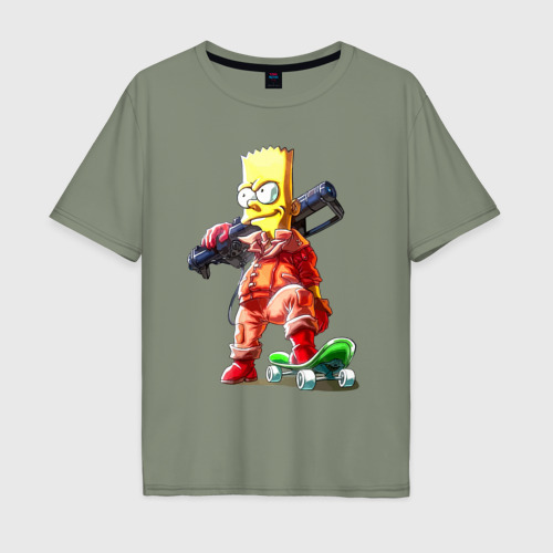Мужская футболка хлопок Oversize с принтом Крутой Барт Симпсон  с оружием на плече и скейтбордом, вид спереди #2