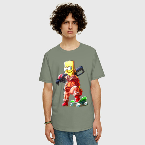 Мужская футболка хлопок Oversize с принтом Крутой Барт Симпсон  с оружием на плече и скейтбордом, фото на моделе #1