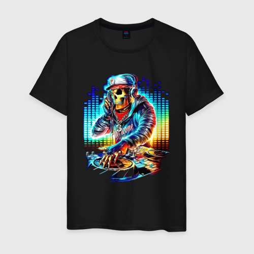 Мужская футболка из хлопка с принтом Cool DJ - skull, вид спереди №1