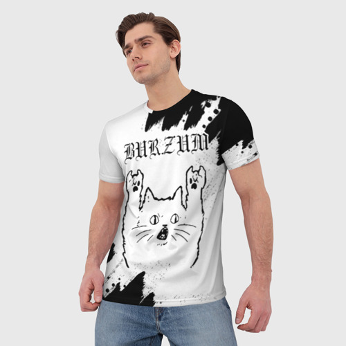 Мужская футболка 3D с принтом Burzum рок кот на светлом фоне, фото на моделе #1