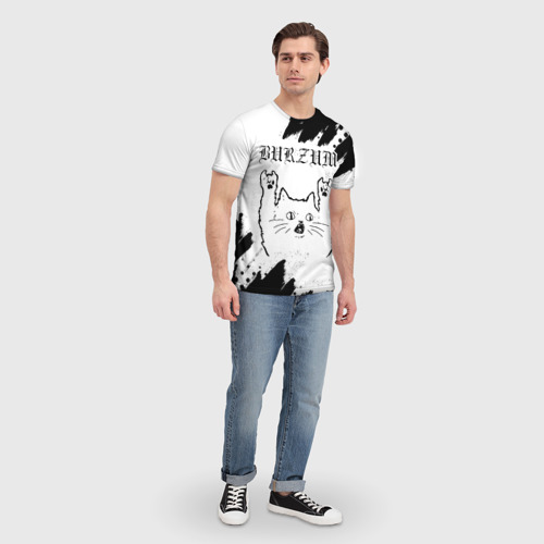 Мужская футболка 3D с принтом Burzum рок кот на светлом фоне, вид сбоку #3