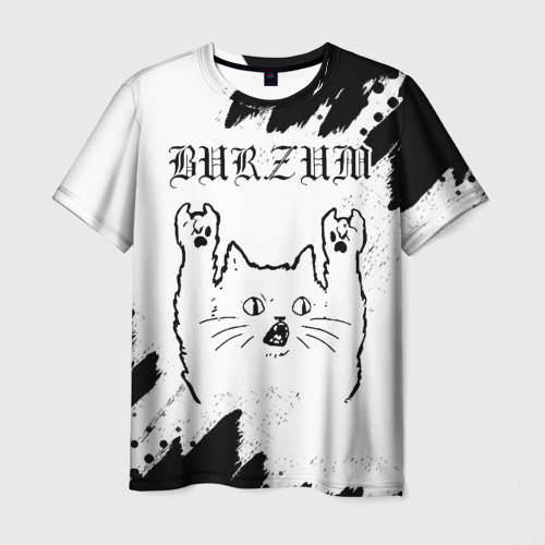 Мужская футболка с принтом Burzum рок кот на светлом фоне, вид спереди №1