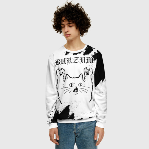 Мужской свитшот 3D с принтом Burzum рок кот на светлом фоне, фото на моделе #1