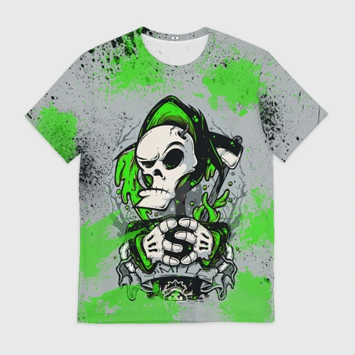 Мужская футболка 3D с принтом Slipknot скелет green, вид спереди #2