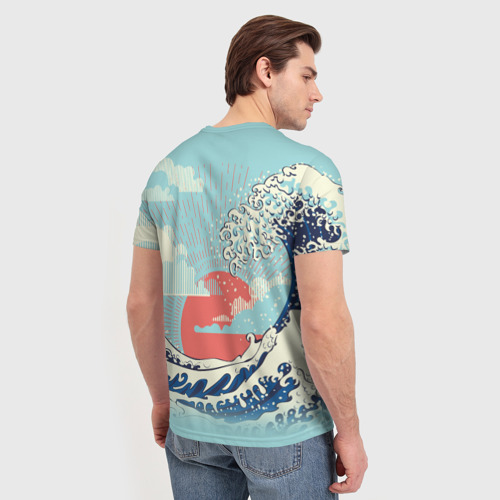 Мужская футболка 3D с принтом Морской пейзаж с большими волнами на закате, вид сзади #2