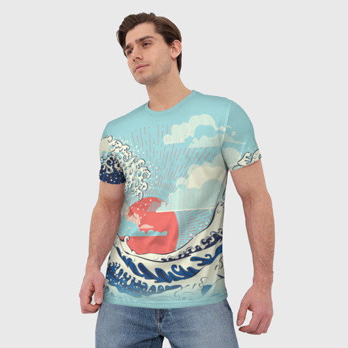 Мужская футболка 3D с принтом Морской пейзаж с большими волнами на закате, фото на моделе #1