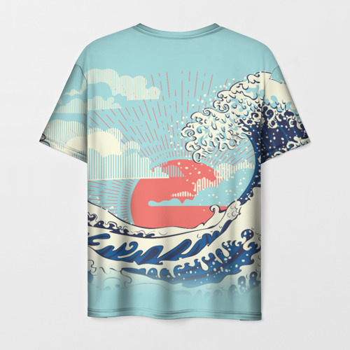 Мужская футболка 3D с принтом Морской пейзаж с большими волнами на закате, вид сзади #1
