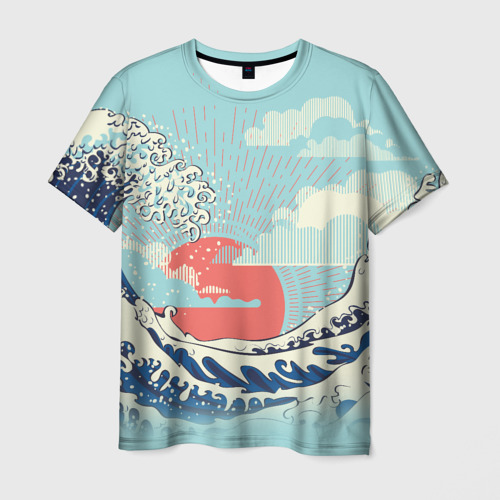 Мужская футболка 3D с принтом Морской пейзаж с большими волнами на закате, вид спереди #2