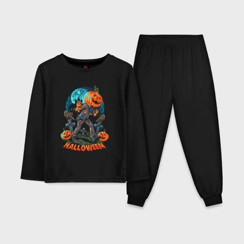 Детская пижама с лонгсливом хлопок с принтом Halloween Pumpkin, вид спереди #2
