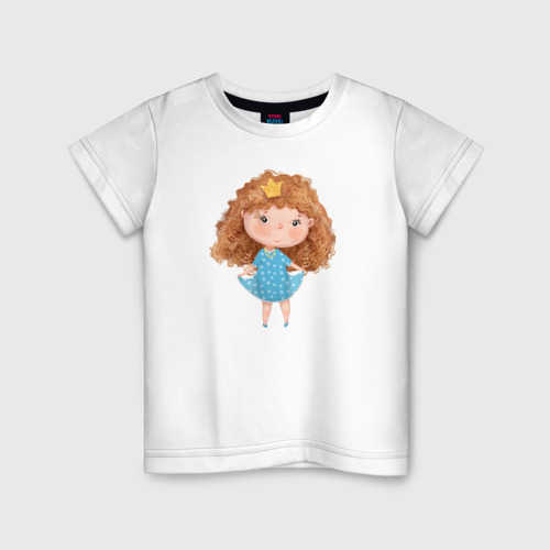 Детская футболка из хлопка с принтом Милая принцесса с кудряшками, вид спереди №1