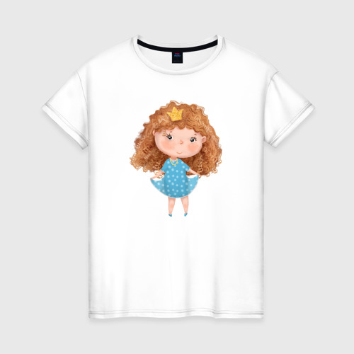 Женская футболка из хлопка с принтом Милая принцесса с кудряшками, вид спереди №1
