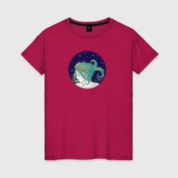 Женская футболка хлопок Девушка знак зодиака Рыбы с зелеными волосами