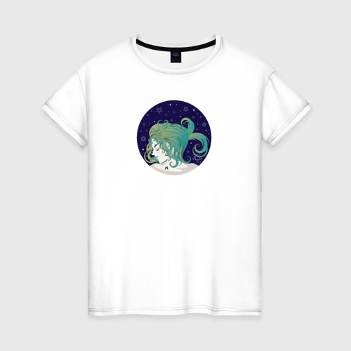 Женская футболка из хлопка с принтом Девушка знак зодиака Рыбы с зелеными волосами, вид спереди №1