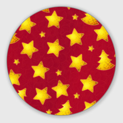 Круглый коврик для мышки Золотые звезды и елки на красном
