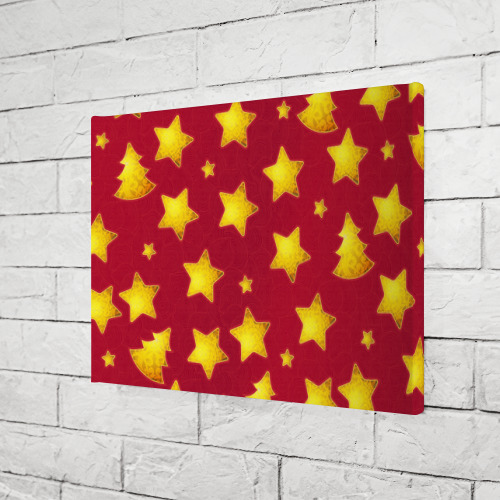 Холст прямоугольный Золотые звезды и елки на красном, цвет 3D печать - фото 3