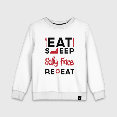 Детский свитшот хлопок Надпись: eat sleep Sally Face repeat, цвет белый