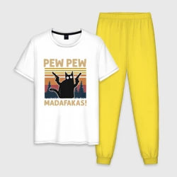Мужская пижама с белой футболкой хлопок Кот с пистолетами - Madafakas
