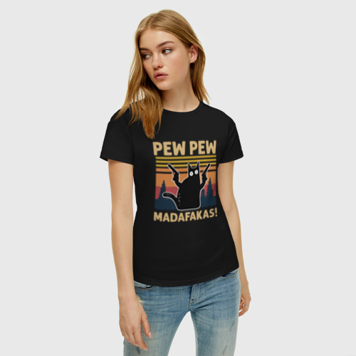 Женская футболка хлопок Кот с пистолетами - Madafakas, цвет черный - фото 3