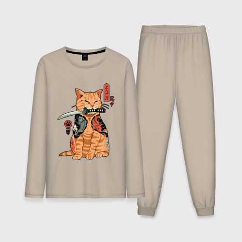 Мужская пижама с лонгсливом хлопок Японский Кот Якудза, цвет миндальный