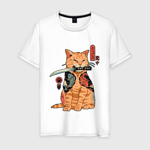 Мужская футболка хлопок Японский Кот Якудза, цвет белый