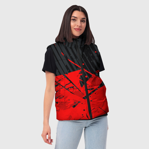 Женский жилет утепленный 3D с принтом Красные брызги на черном фоне, фото на моделе #1