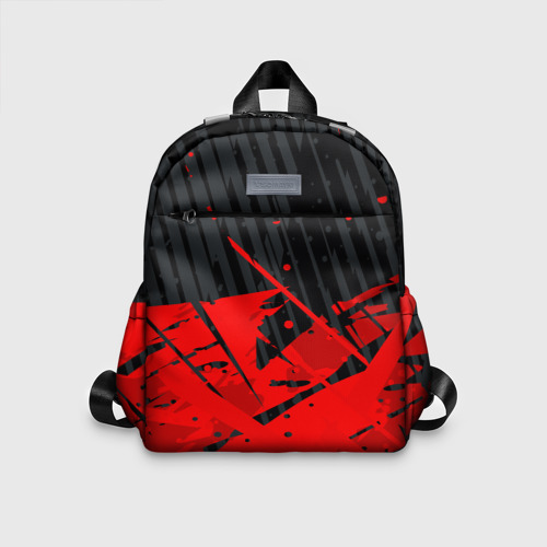 Детский рюкзак 3D с принтом Красные брызги на черном фоне, вид спереди #2
