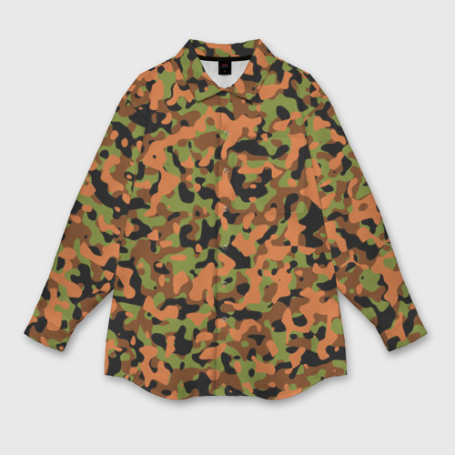Женская рубашка oversize 3D с принтом Камуфляж осенний лес мелкий, вид спереди #2