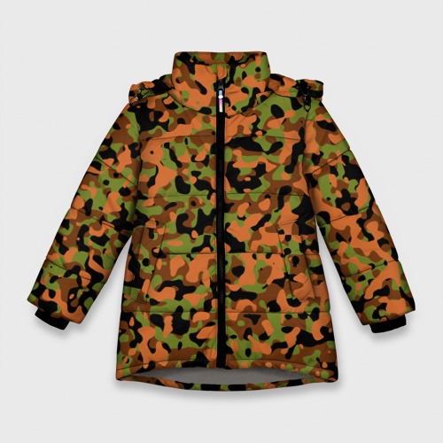 Зимняя куртка для девочек 3D с принтом Камуфляж осенний лес мелкий, вид спереди #2