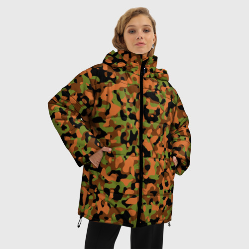 Женская зимняя куртка 3D с принтом Камуфляж осенний лес мелкий, фото на моделе #1