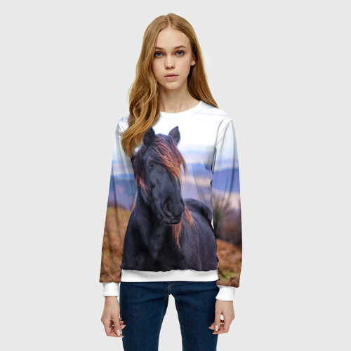 Женский свитшот 3D Черный конь, цвет 3D печать - фото 3