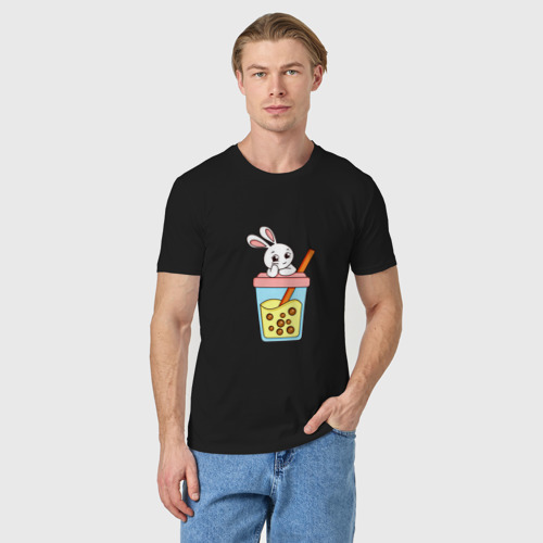 Мужская футболка хлопок с принтом Кролик с напитком, фото на моделе #1