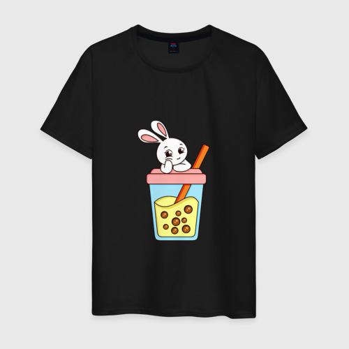 Мужская футболка хлопок с принтом Кролик с напитком, вид спереди #2
