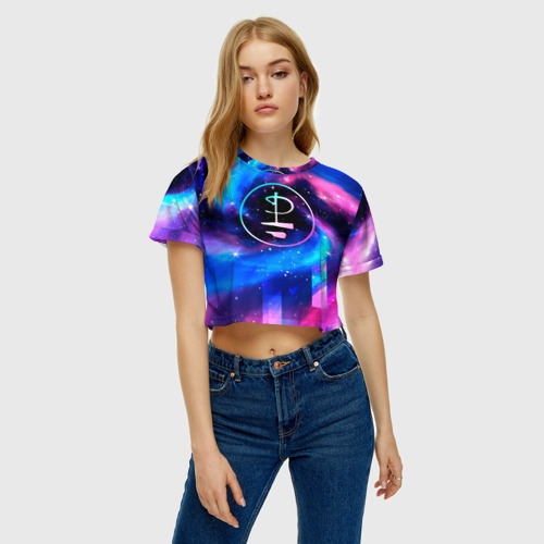 Женская футболка Crop-top 3D Pink Floyd неоновый космос, цвет 3D печать - фото 3