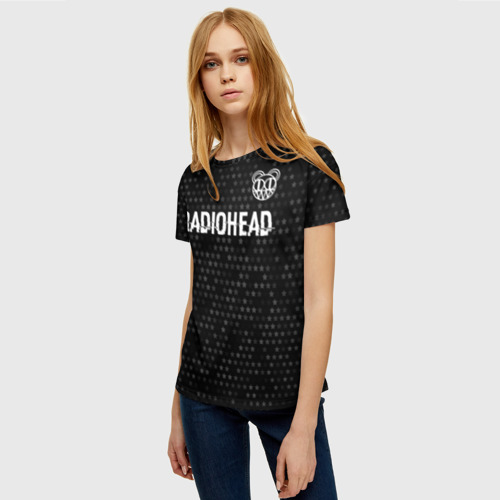 Женская футболка 3D с принтом Radiohead glitch на темном фоне: символ сверху, фото на моделе #1