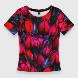 Тюльпаны - поле красных цветов – Женская футболка 3D Slim с принтом купить