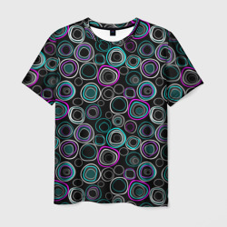 Мужская футболка 3D Узор ретро круги и кольца на черном фоне