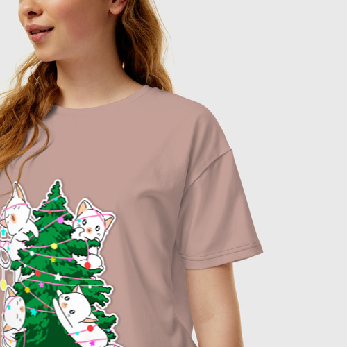 Женская футболка хлопок Oversize с принтом Новогодние котятки, фото на моделе #1