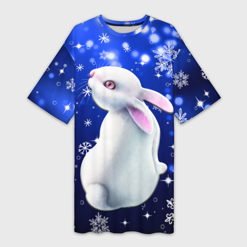 Платье-футболка с принтом Белый кролик в снежинках, вид спереди №1