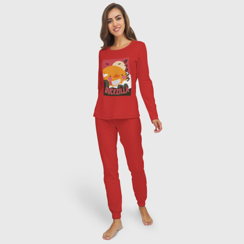 Женская пижама с лонгсливом хлопок Утка Годзилла, цвет красный - фото 3