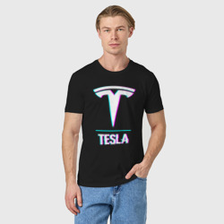 Мужская футболка хлопок Значок Tesla в стиле glitch - фото 2