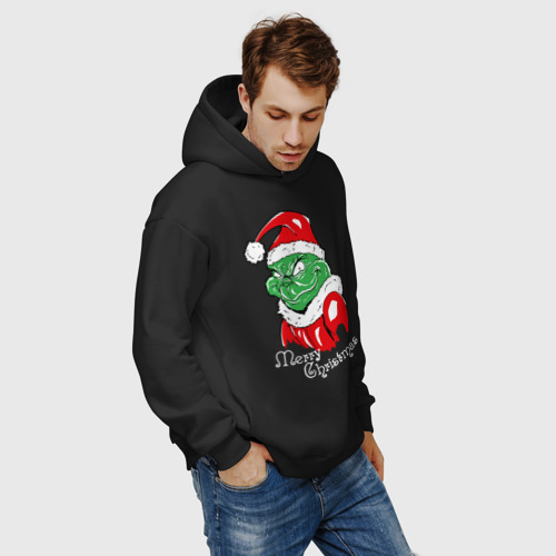 Мужское худи Oversize хлопок Merry Christmas, Santa Claus Grinch, цвет черный - фото 7