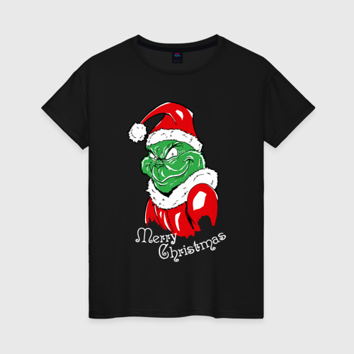 Женская футболка хлопок Merry Christmas, Santa Claus Grinch, цвет черный