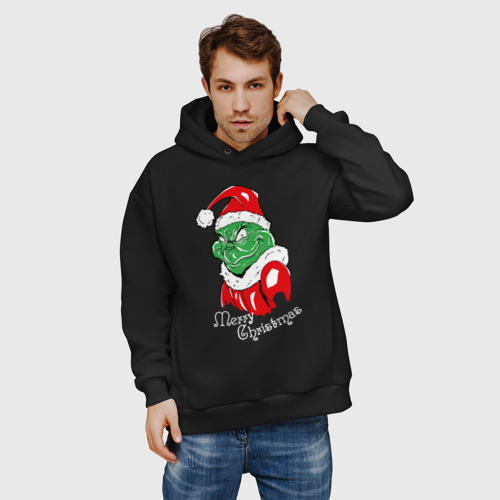 Мужское худи Oversize хлопок Merry Christmas, Santa Claus Grinch, цвет черный - фото 3